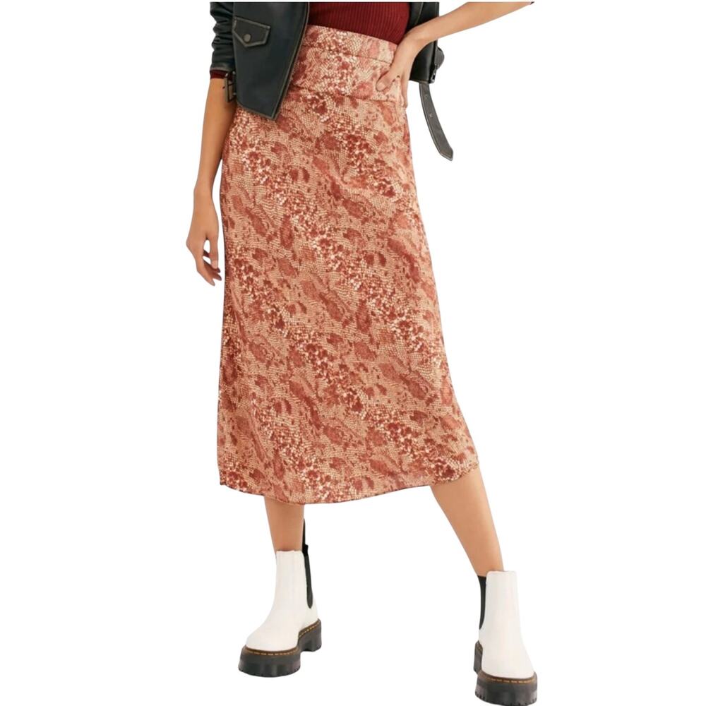 Free People Normani Bias Snake Print Silky Satin A-Line Midi Skirt Brown Size 12